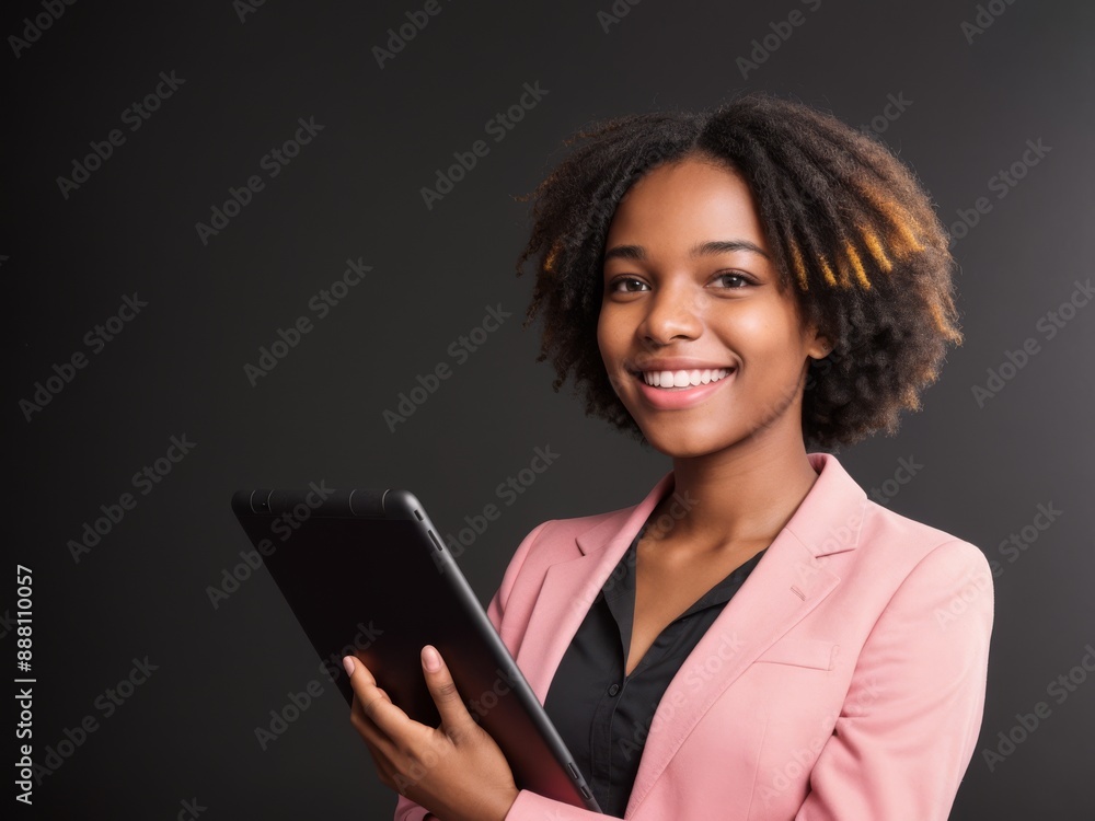 Young black african woman in pink blazer holds graphite tablet and smiles on isolated background Young black african woman in pink blazer holds graphite tablet and smiles on isolated background