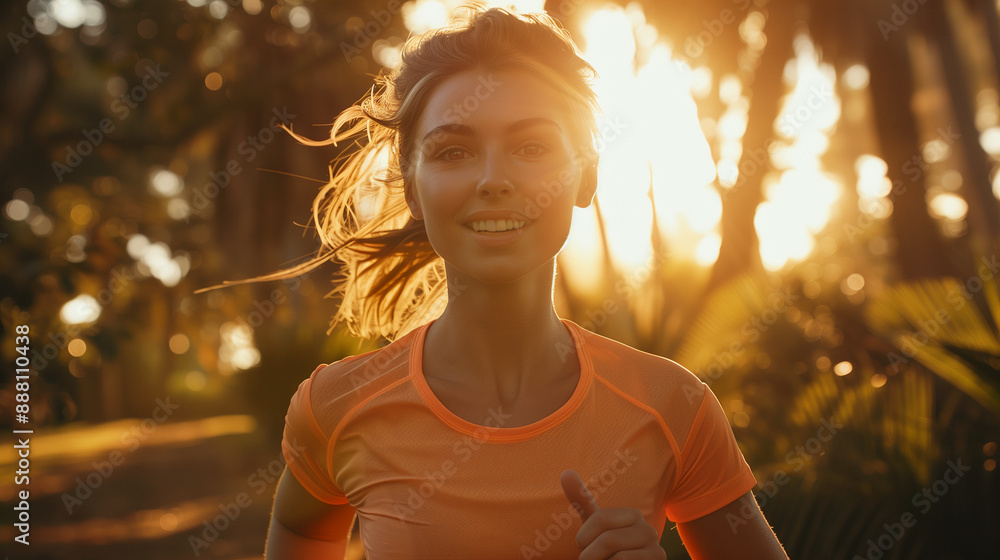 An energetic woman in vibrant athletic wear runs through a sunlit park.
An energetic woman in vibrant athletic wear runs through a sunlit park.
