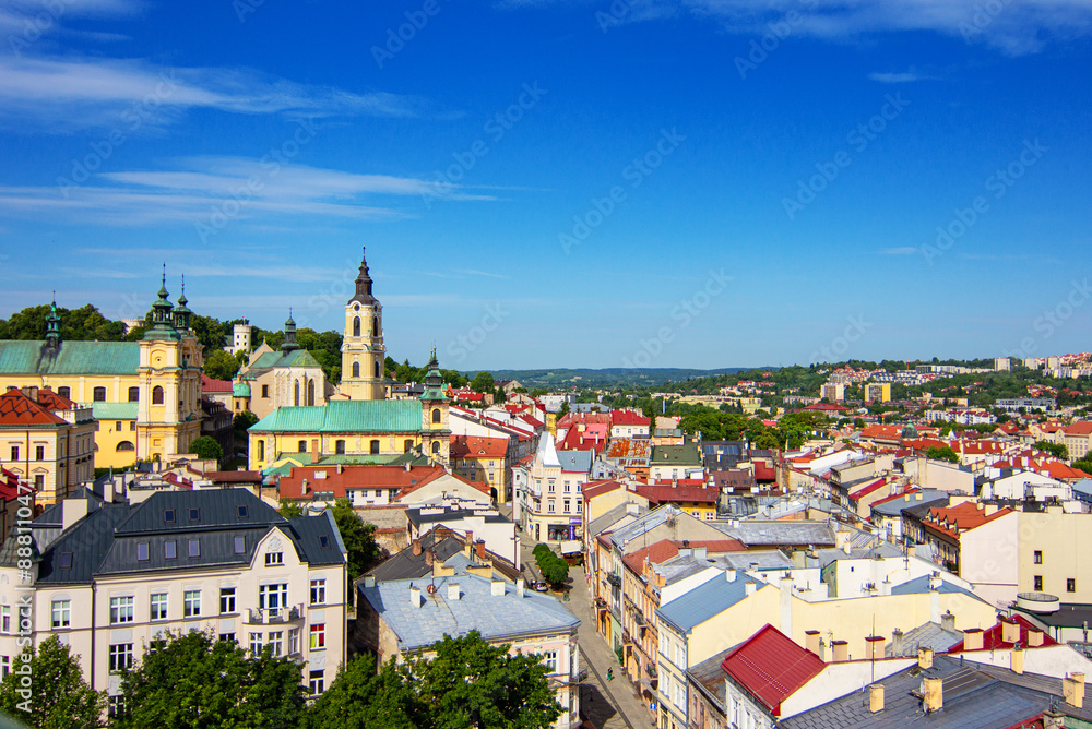 Fototapeta premium Cathedral of St. John the Baptist and Cathedral Basilica of Przemysl, Przemyśl Castle on the background as seen from the Clock Tower of Museum of Bells and Pipes, Poland