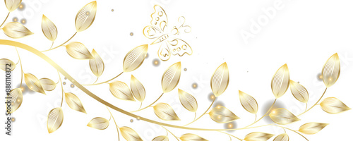 Butterfly Golden botany banner. Japanese style Hand drawn vector . Line art style design. Concept traditional Asian holiday card.