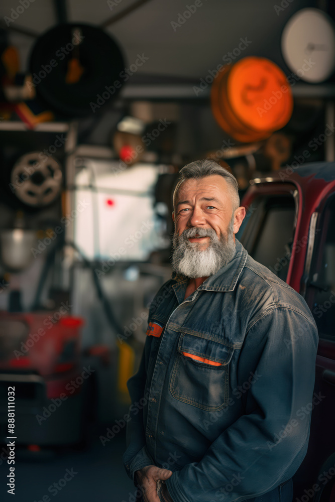 Smiling Mechanic in Workshop with Car Smiling Mechanic in Workshop with Car