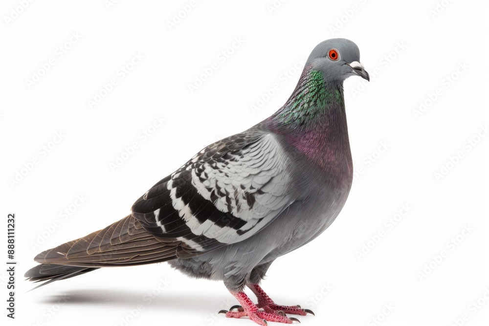 Portrait of a pigeon with grey feathers on a white background, standing in profile. Portrait of a pigeon with grey feathers on a white background, standing in profile.