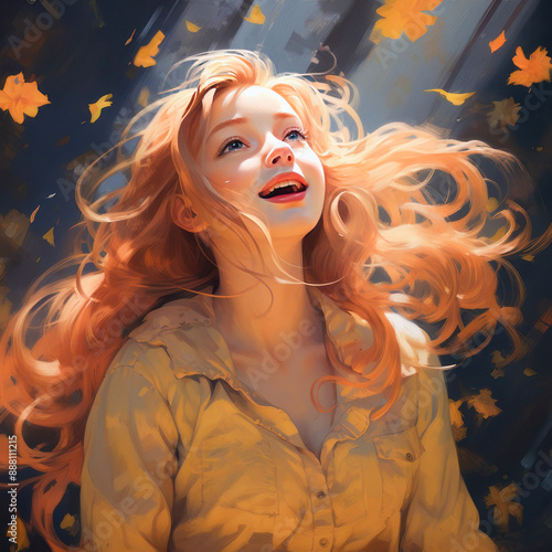 portrait of a young beautiful girl in autumn, yellow leaves falling, she laughs