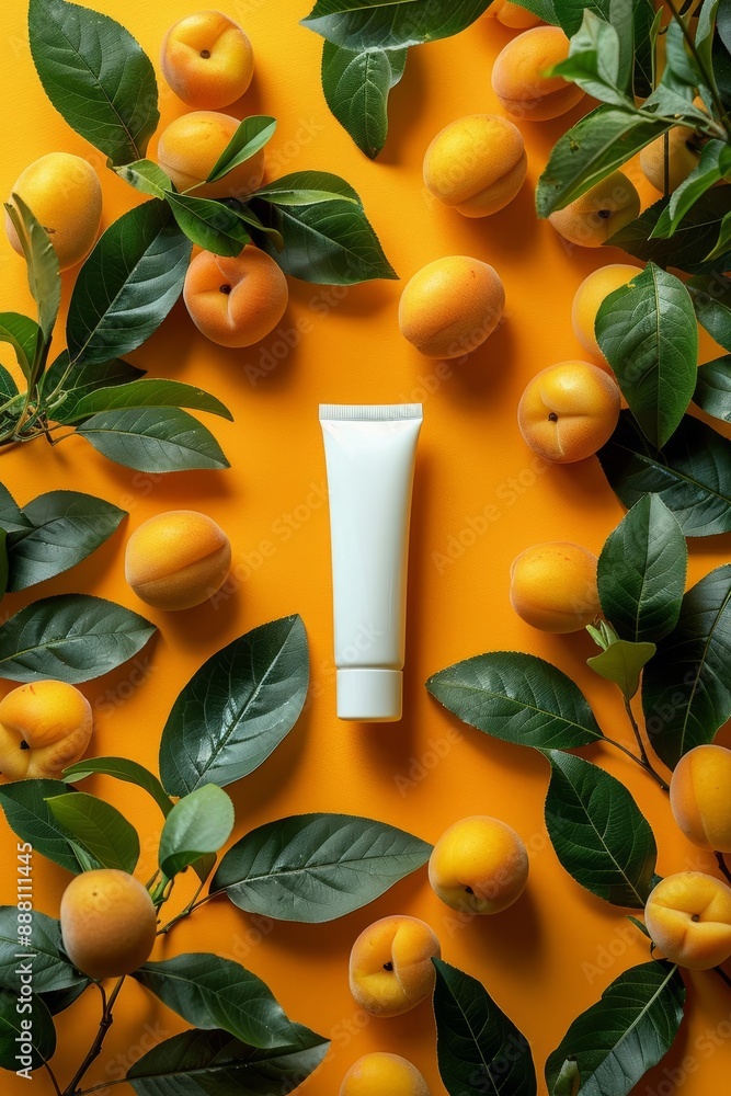 Natural Skincare Product among Fresh Apricots and Green Leaves on Orange Background Natural Skincare Product among Fresh Apricots and Green Leaves on Orange Background