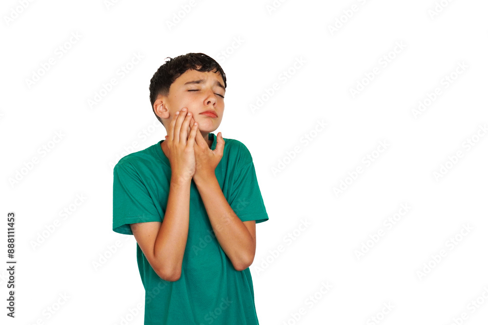 preadolescent boy touching his jaw with intense odor gesture preadolescent boy touching his jaw with intense odor gesture