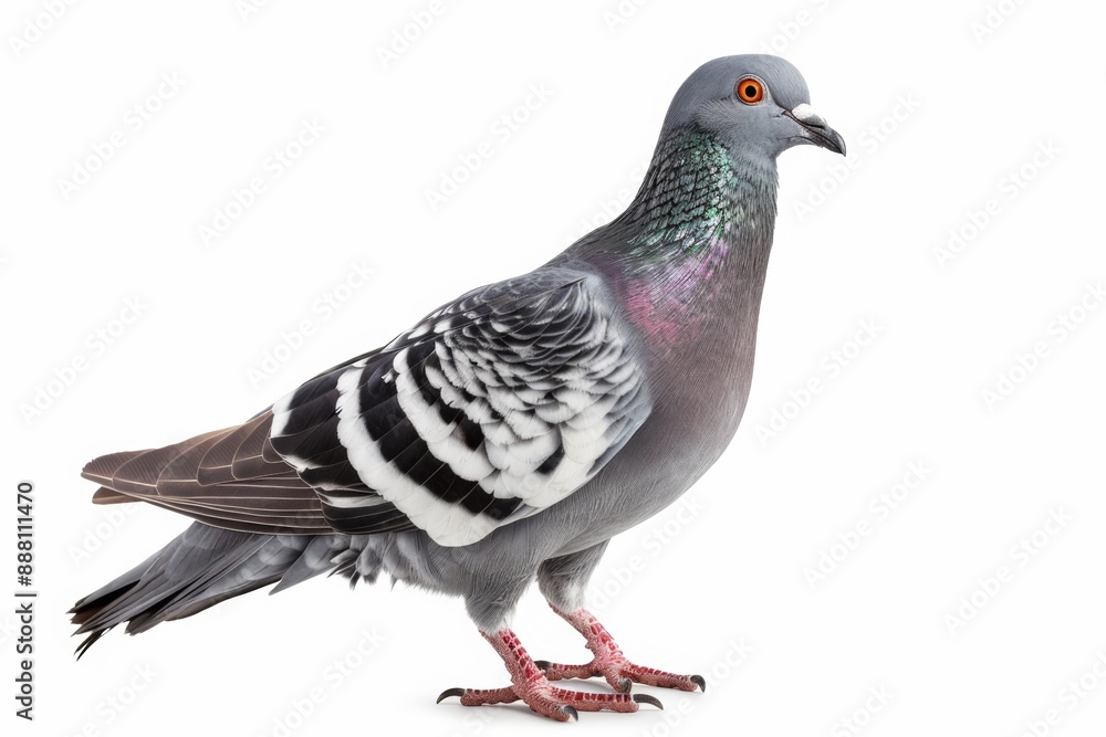 Portrait of a pigeon with grey feathers on a white background, standing in profile. Portrait of a pigeon with grey feathers on a white background, standing in profile.