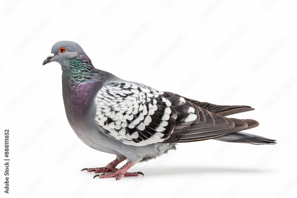 Portrait of a pigeon with grey feathers on a white background, standing in profile. Portrait of a pigeon with grey feathers on a white background, standing in profile.