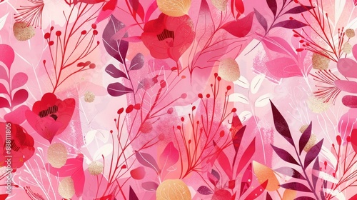 Stylish background pattern featuring pink and red palettes, botanical floral motifs, and subtle gold foil touches, creating a trendy and chic aesthetic.