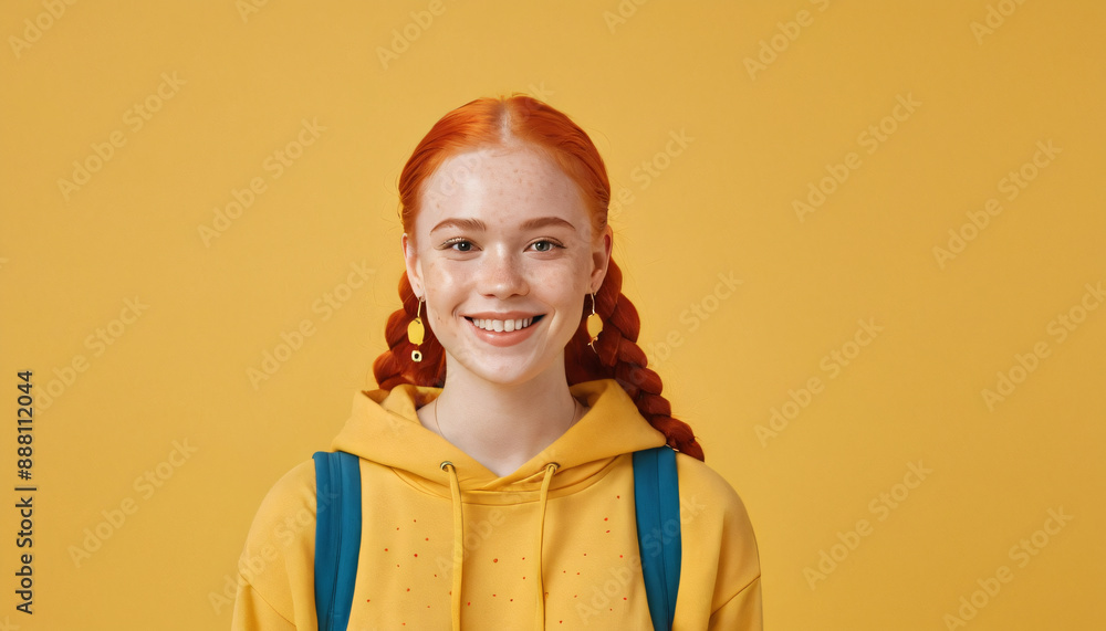 A smiling redhead girl is wearing a yellow hoodie and a backpack. space for copy A smiling redhead girl is wearing a yellow hoodie and a backpack. space for copy