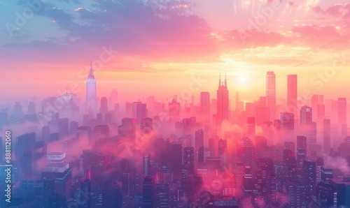 Vivid Sunset Skyline with Pink and Purple Hues Over Cityscape © Vlad
