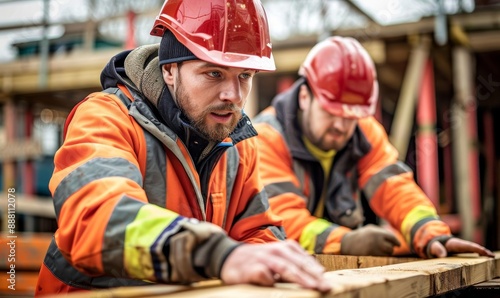 Construction Workers Collaborating in Orange Safety Gear on Building Site