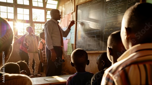 African teacher writing on a blackboard and explaining a lesson to students in a sunny classroom photo