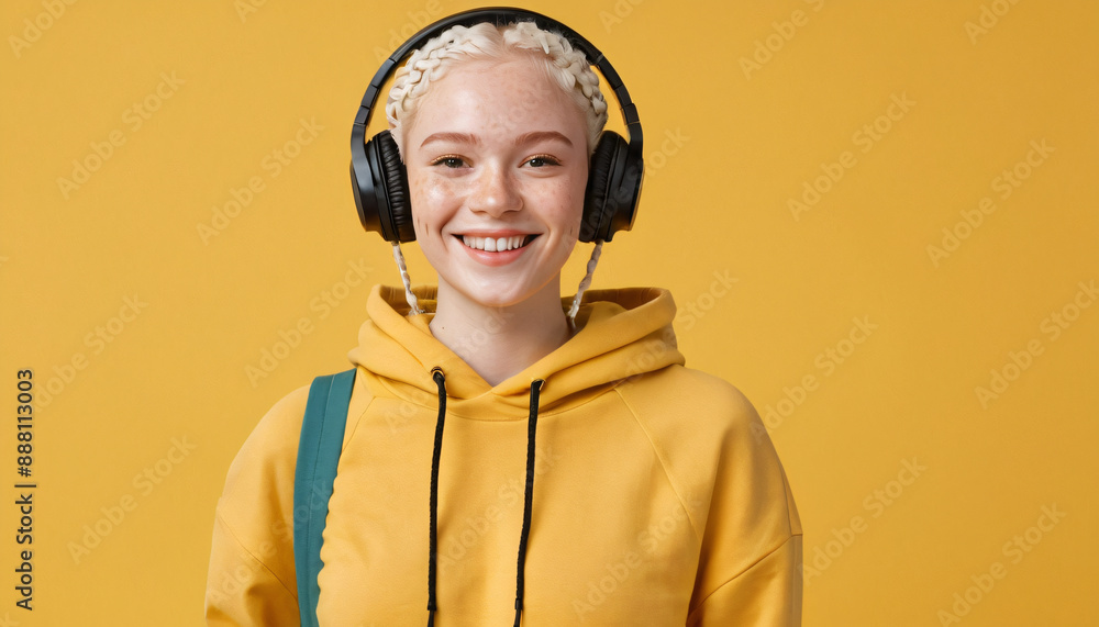 A smiling albino girl with headphones is wearing a hoodie and a backpack. space to copy A smiling albino girl with headphones is wearing a hoodie and a backpack. space to copy