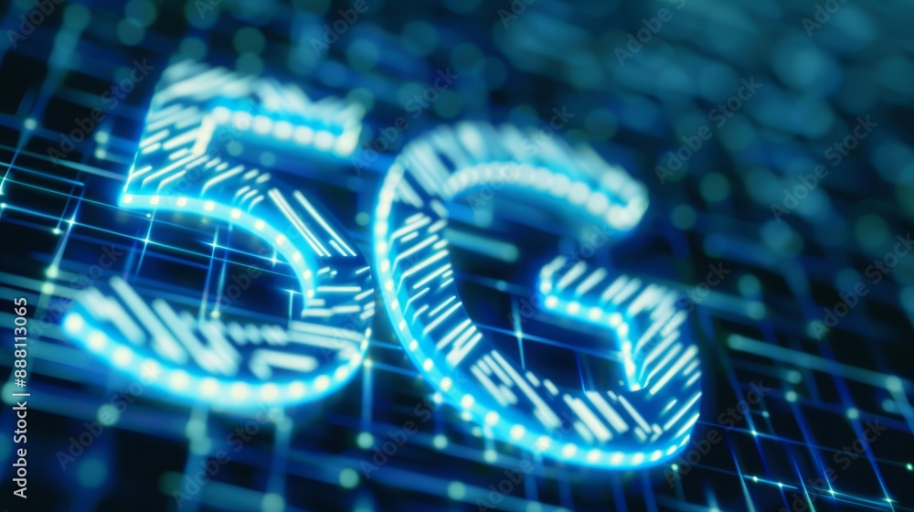 Closeup of a 5G symbol with vibrant blue and white lines emanating, symbolizing fast wireless connectivity Closeup of a 5G symbol with vibrant blue and white lines emanating, symbolizing fast wireless connectivity