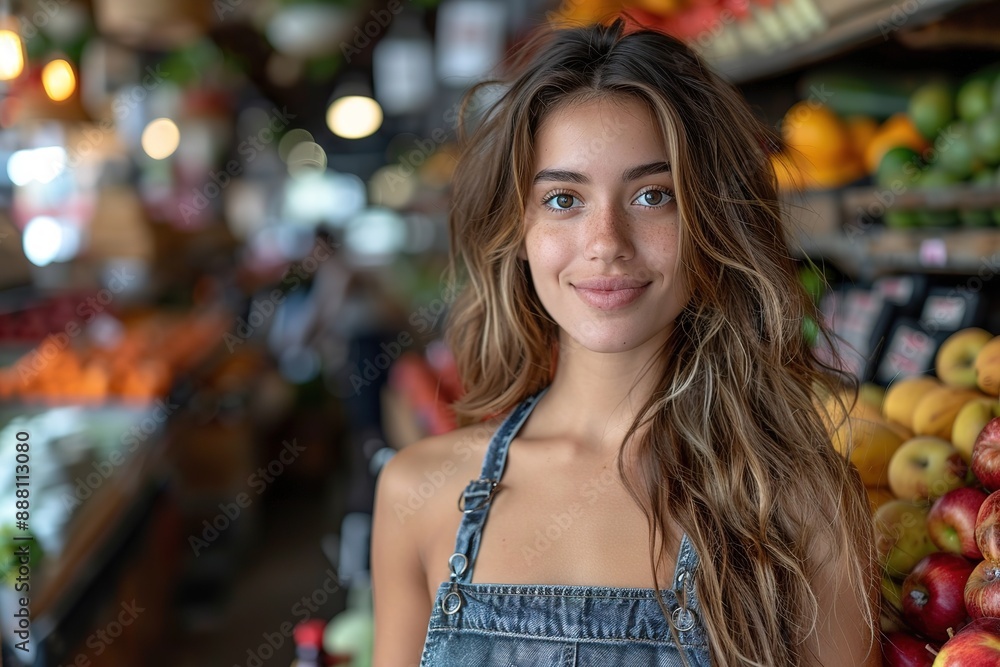Portrait of saleswoman with hands while female customer shopping in background at supermarket Portrait of saleswoman with hands while female customer shopping in background at supermarket