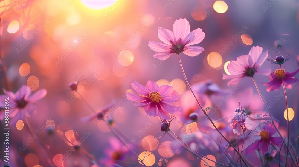 Fototapeta premium Pink Cosmos Flowers in a Dreamy Sunset