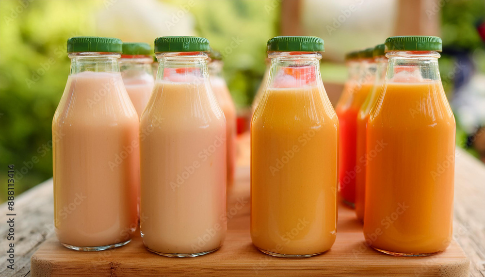 Glass bottles of peach milk on wooden board. Tasty fruit drink. Sweet beverage. Organic and healthy Glass bottles of peach milk on wooden board. Tasty fruit drink. Sweet beverage. Organic and healthy