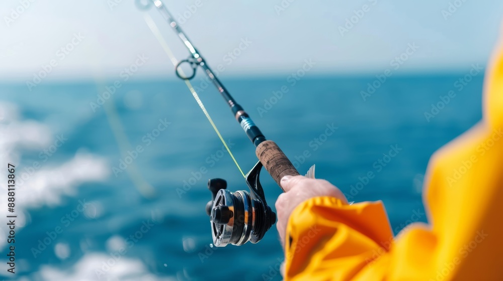 Closeup of a professional fisherman reeling in a large fish, with high-quality fishing gear and ocean waves in the background Closeup of a professional fisherman reeling in a large fish, with high-quality fishing gear and ocean waves in the background