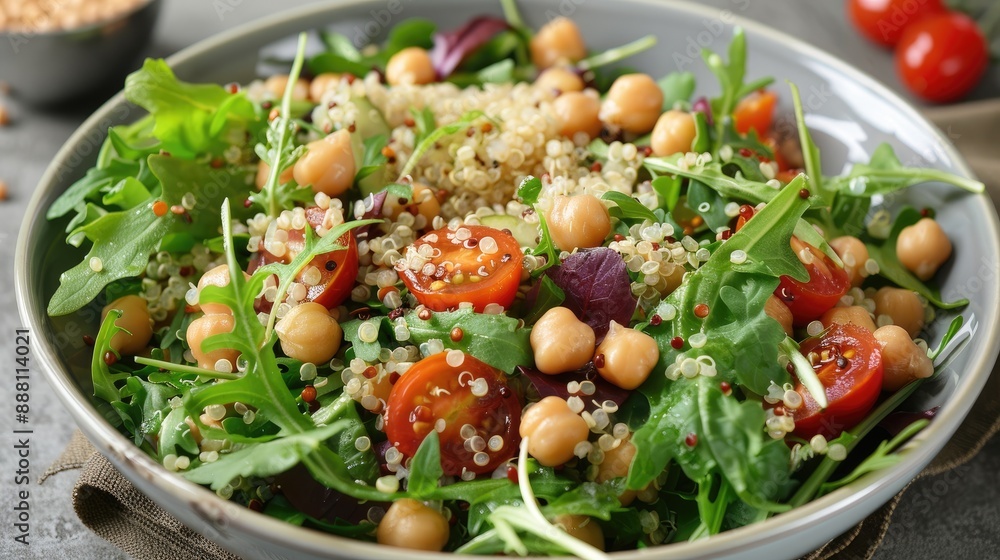 A bowl of quinoa salad with mixed greens, chickpeas, and cherry tomatoes, highlighting a balanced meal A bowl of quinoa salad with mixed greens, chickpeas, and cherry tomatoes, highlighting a balanced meal