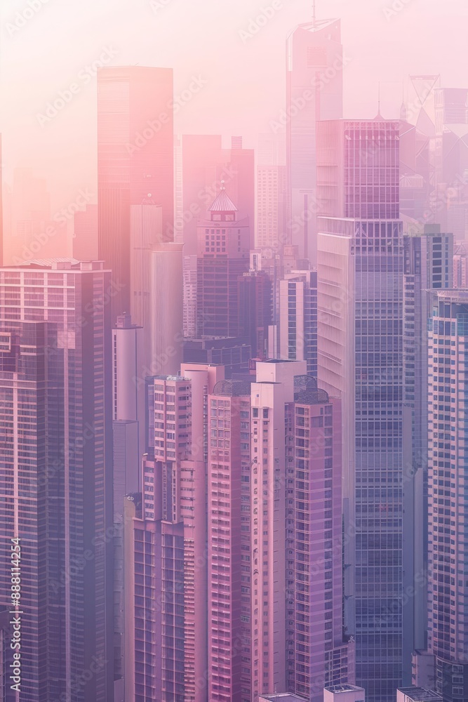 Fototapeta premium Modern skyscrapers at sunrise with pink and purple hues