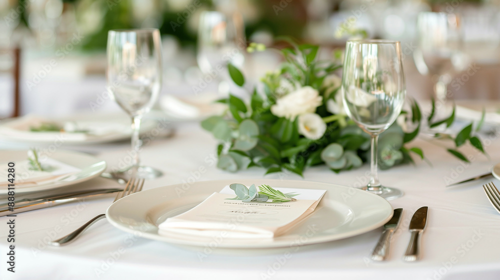 Closeup of a wedding table setting with a personalized menu, elegant cutlery, and a small floral arrangement, ready for the reception 