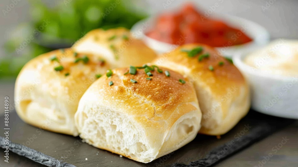 Closeup of gluten-free bread rolls served with a selection of dips, highlighting their soft texture and golden crust Closeup of gluten-free bread rolls served with a selection of dips, highlighting their soft texture and golden crust