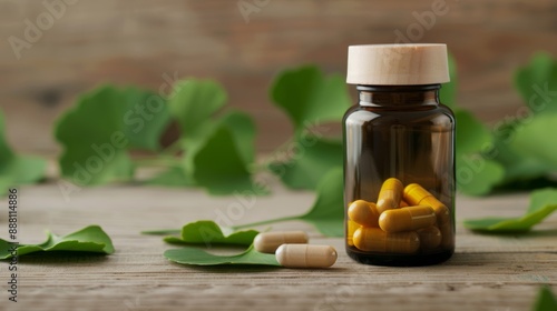 Closeup of Ginkgo biloba supplements in a bottle, placed on a wooden table with fresh leaves scattered around 