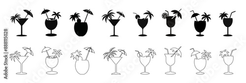 Set of black silhouettes and outline illustrations of tropical cocktails. Beach drinks, isolated on white background. Prints, logos, pictograms, design elements. Concept of vacation, beach beverages
