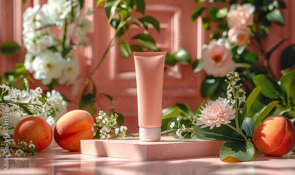 Elegant Pink Cosmetic Tube with Flowers and Fruits on Display Elegant Pink Cosmetic Tube with Flowers and Fruits on Display