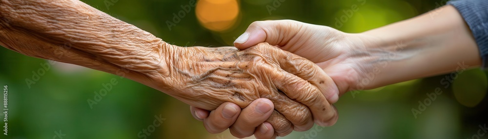 Fototapeta premium Closeup of an elderly person holding hands with a caregiver, emotional support and care, soft lighting and warmth