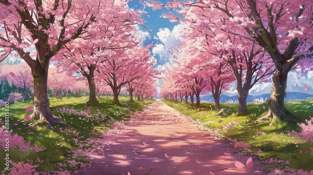 Naklejka premium The pink path is lined with cherry blossom trees, and the grassy green lawn under their branches adds to its beauty. 