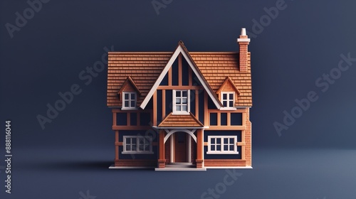 Navy background with an upward view of a Tudor house in miniature.