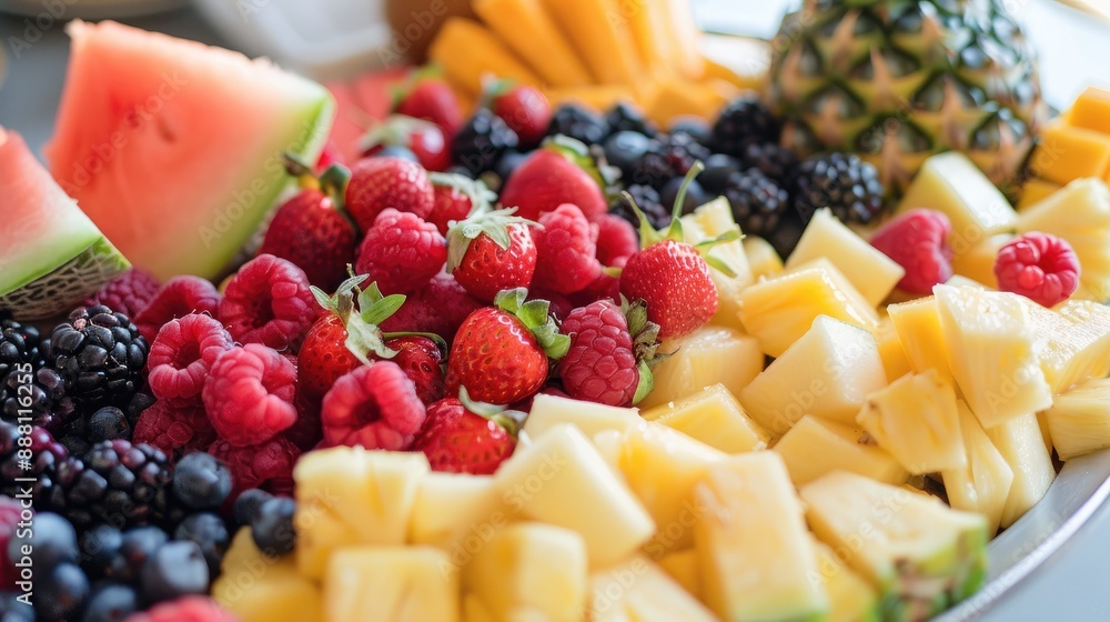 A close-up of a colorful fruit platter with melon, pineapple, and berries, showcasing a healthy snack A close-up of a colorful fruit platter with melon, pineapple, and berries, showcasing a healthy snack