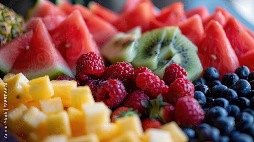 A close-up of a colorful fruit platter with watermelon, pineapple, and berries, showcasing a healthy snack option A close-up of a colorful fruit platter with watermelon, pineapple, and berries, showcasing a healthy snack option