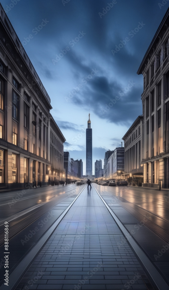 Fototapeta premium a person walking down a street in a city, warsaw, unsplash contest winning photo, man walking through city, architecture photography, in the middle of the city, unsplash photo contest winner