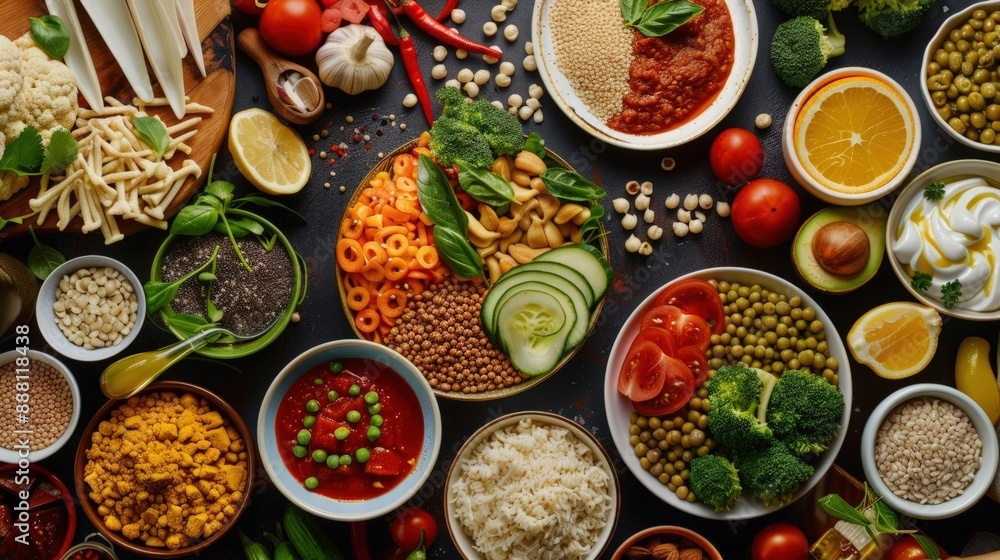 Plant-based vegan food flatlay Plant-based vegan food flatlay