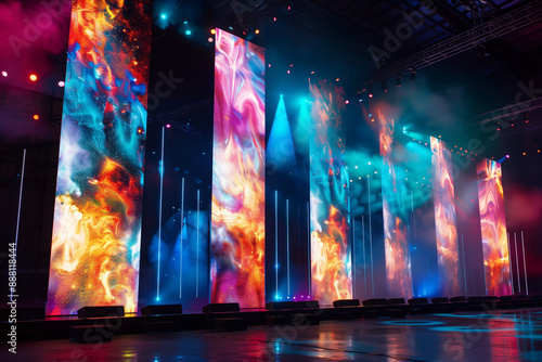 Large led projection screens. Colorful abstract background. Light show on the stage.	