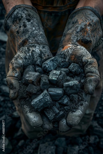 Close-up of Dirty Gloved Hands Holding Black Coal Chunks