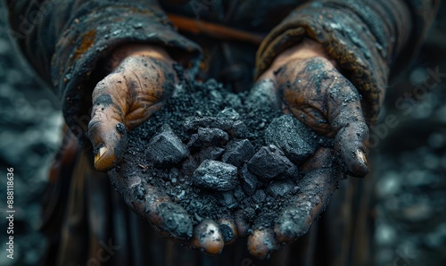 Close-up of Hands Holding Coal in Miner Gear, Dark Earth Tones