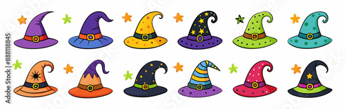 Set of Witch hats isolated on a white background. Hand drawn Wizard pointed hats. Concept of Halloween, Magic, Wizard Accessory, Fantasy Icon, Festive Design. Print, design element