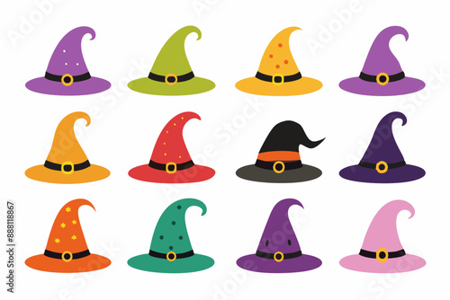 Set of Witch hats isolated on a white background. Wizard hats. Concept of fantasy accessory, magical item, Halloween, minimalist style, enchantment symbol. Print, design element