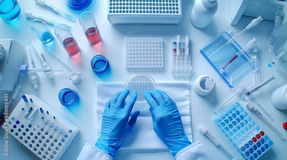Biomedical Engineer high-resolution image of a scientist's hands in blue gloves holding a microplate Biomedical Engineer high-resolution image of a scientist's hands in blue gloves holding a microplate