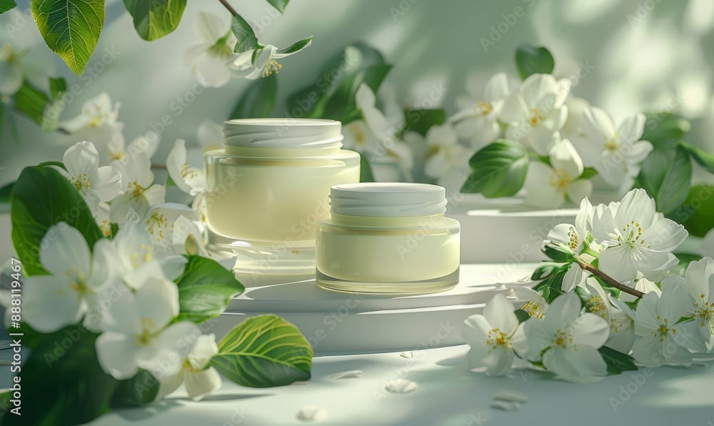 Elegant Skincare Cream Jars with White Flowers in Soft Green Light Elegant Skincare Cream Jars with White Flowers in Soft Green Light