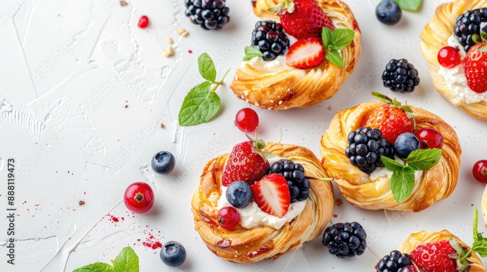 Homemade ricotta and berry pastries on a white background ideal for breakfast Homemade ricotta and berry pastries on a white background ideal for breakfast