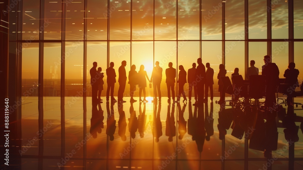 Silhouettes of Business People in Sunset Office Meeting, Concept of Group Discussion Silhouettes of Business People in Sunset Office Meeting, Concept of Group Discussion