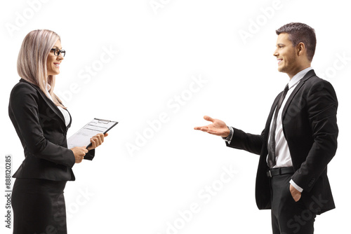 Profile shot of professional man and woman having a conversation