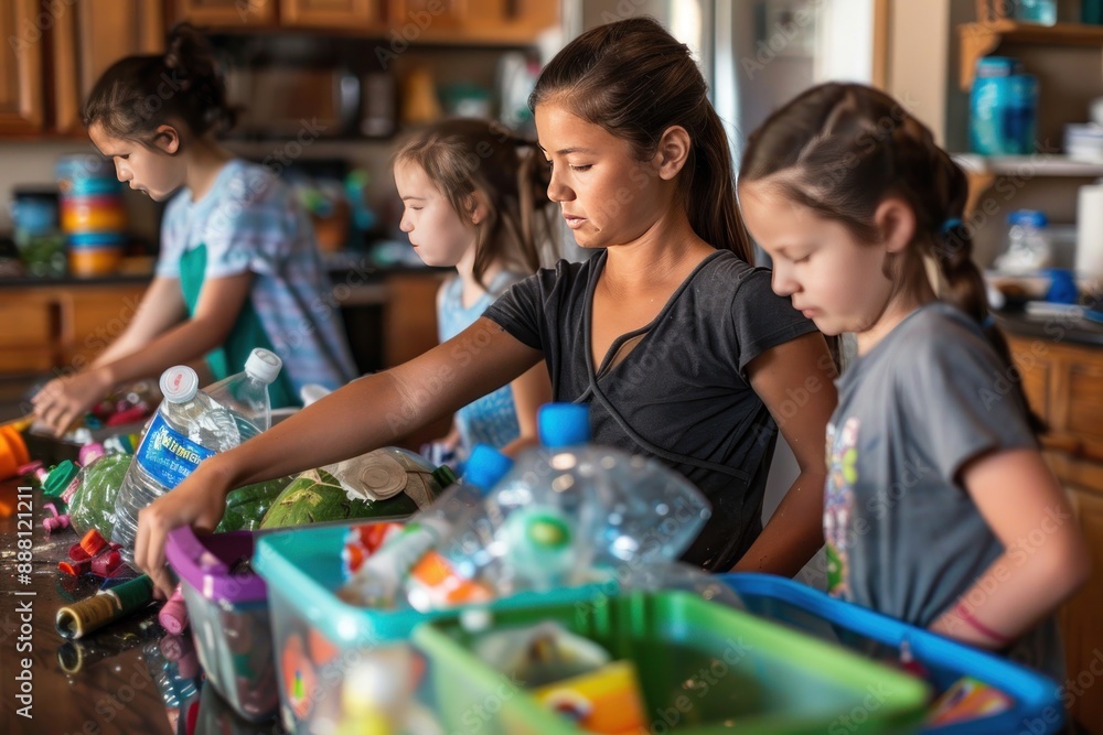 Family Engaged in Eco-Friendly Activity, Sorting Recyclables at Home Family Engaged in Eco-Friendly Activity, Sorting Recyclables at Home
