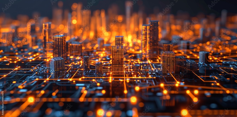 Cyber Cityscape with Future Digital Grid and Neon Lights Cyber Cityscape with Future Digital Grid and Neon Lights