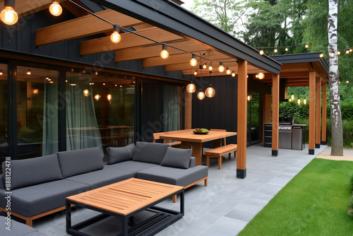 Wallpaper Mural scandinavian lounge zone under the roof close to the house in the yard with furniture and bulb lamps , with grill  Torontodigital.ca