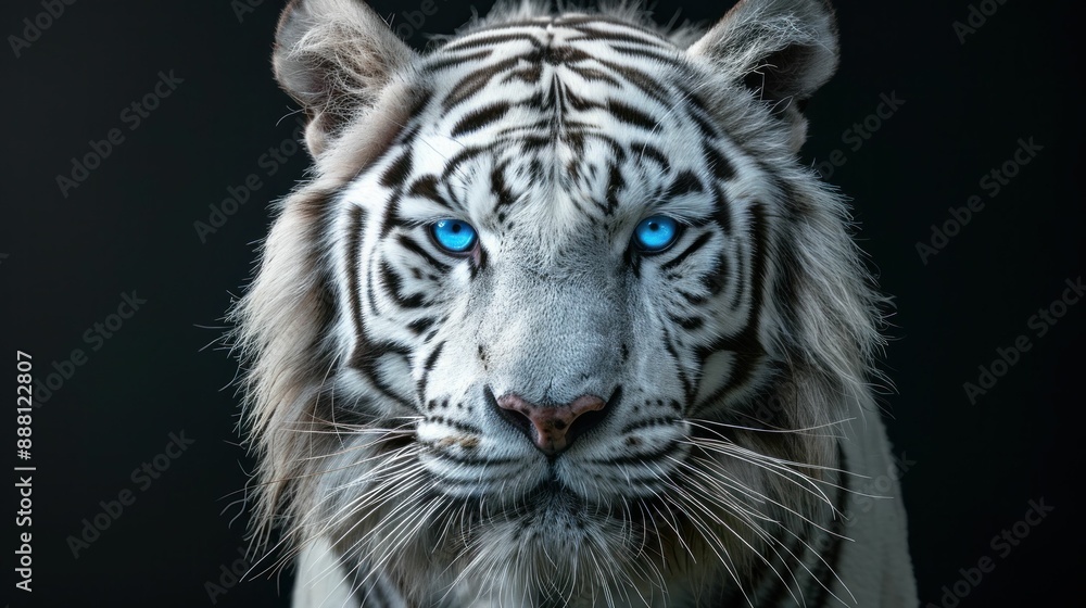 Majestic White Tiger with Striking Blue Eyes Captured in a Stunning Black Background Wildlife Portrait Artistic Beauty Power and Grace Majestic White Tiger with Striking Blue Eyes Captured in a Stunning Black Background Wildlife Portrait Artistic Beauty Power and Grace